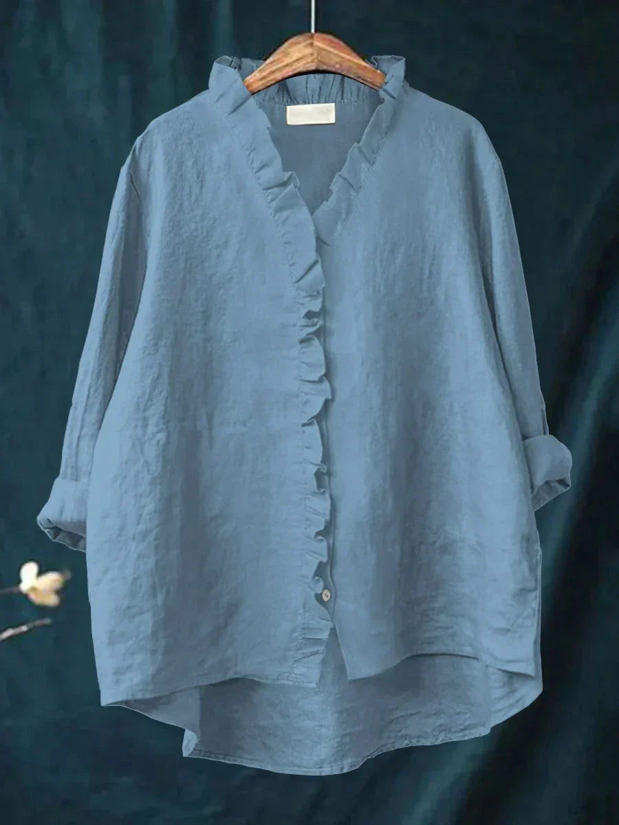 Ava™ | Casual Cotton And Linen Ruffle Shirt