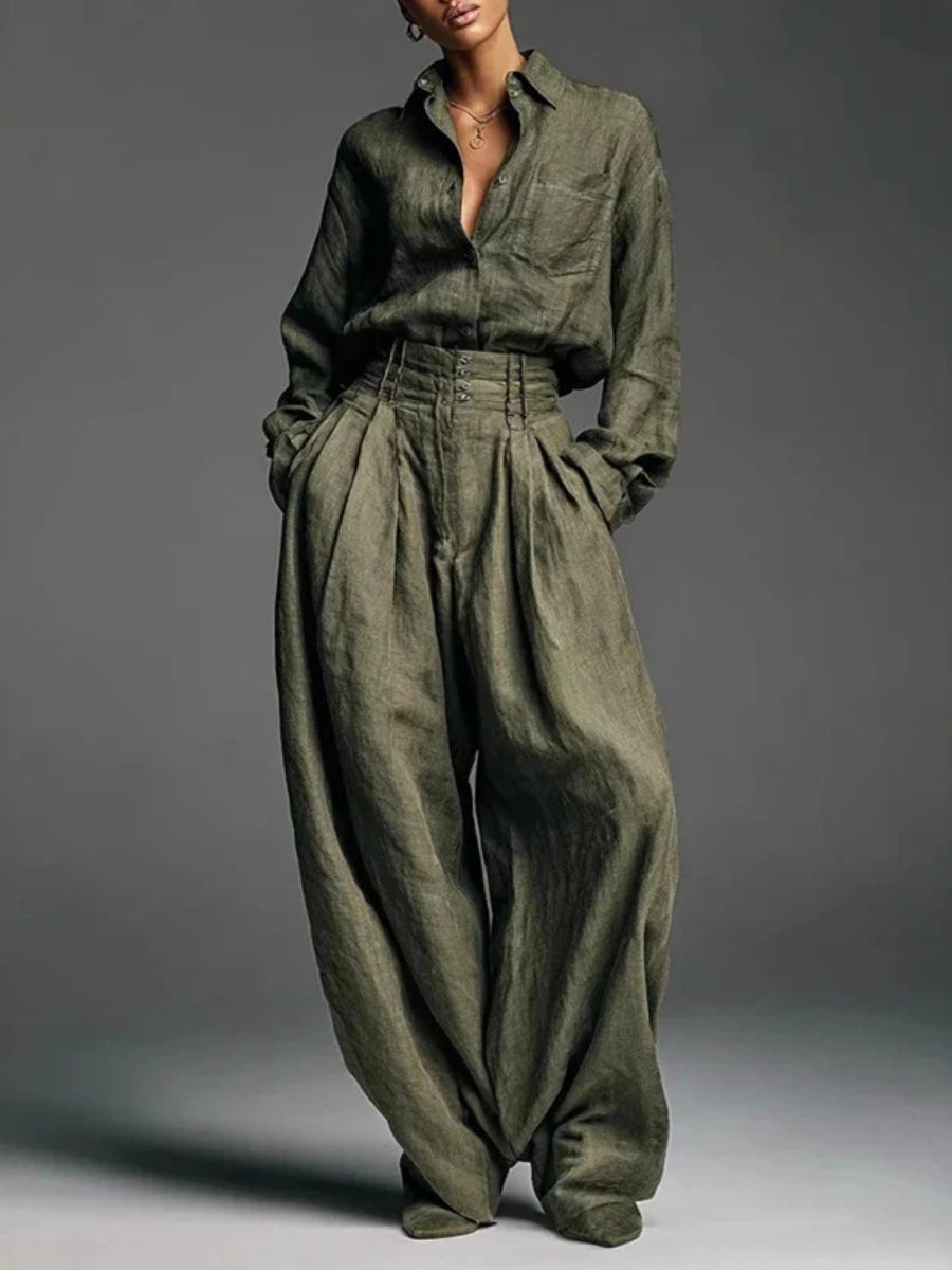 Maya™ | Linen Blend Shirt And High-Waist Wide-Leg Pants Set