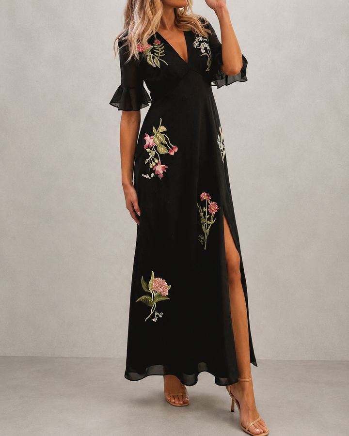Beatrice - Elegantní modro-námořnické šaty s květinovou výšivkou