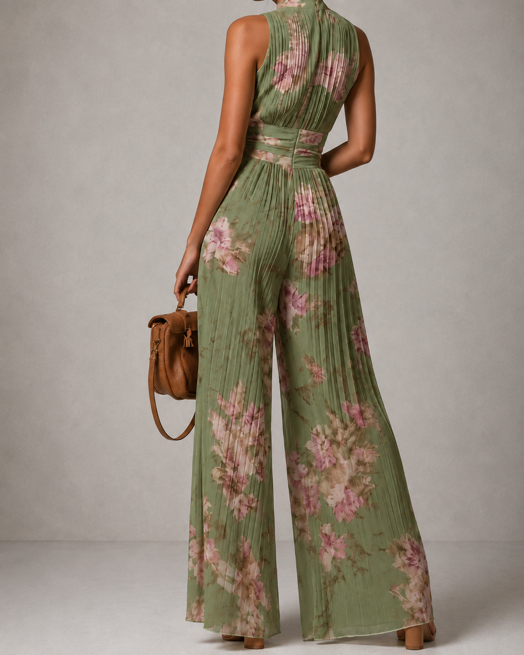 Zsófia Jumpsuit | Plisovaný chiffon overal v zelené barvě