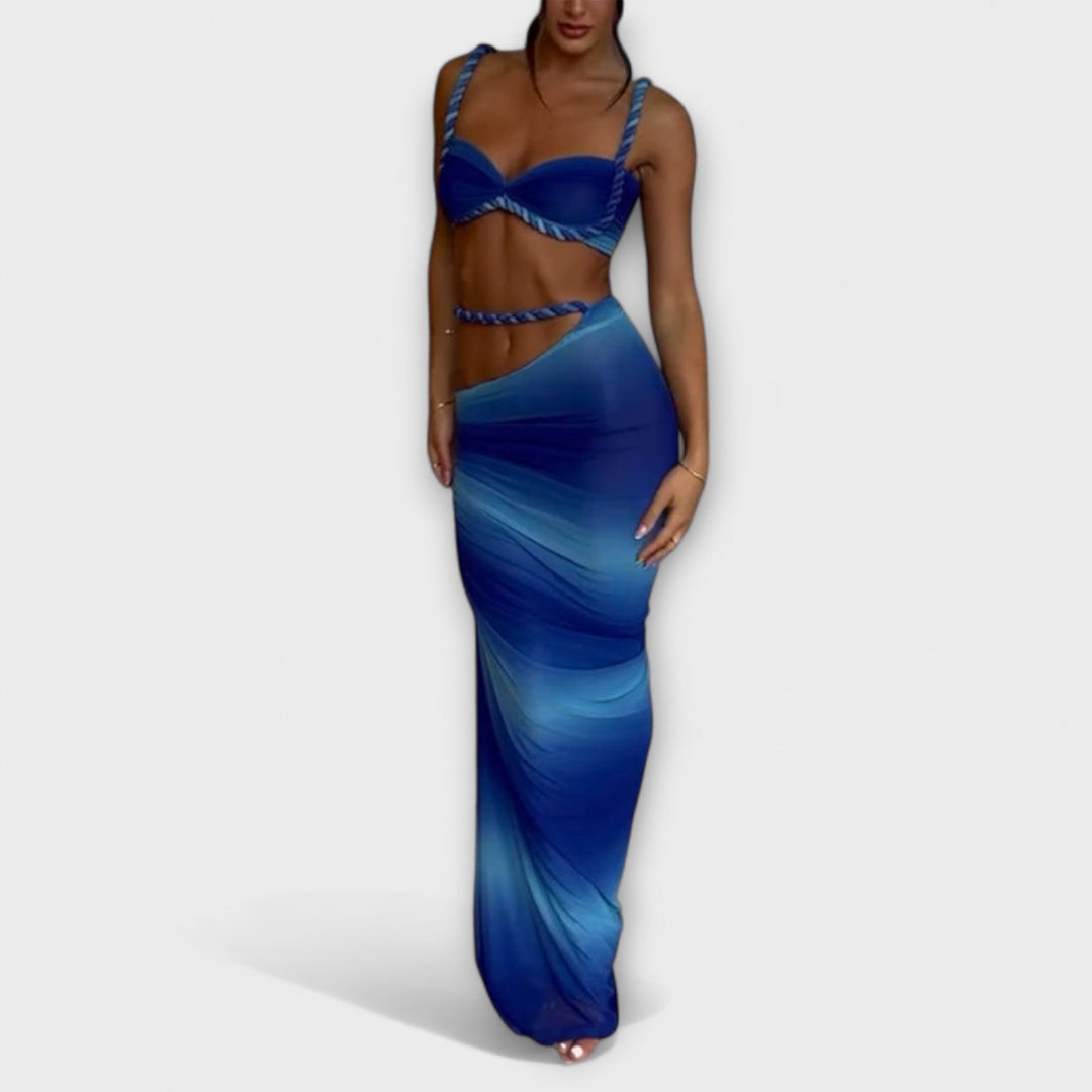 Jane - Stylový gradientový pletený crop top a overskirt duo