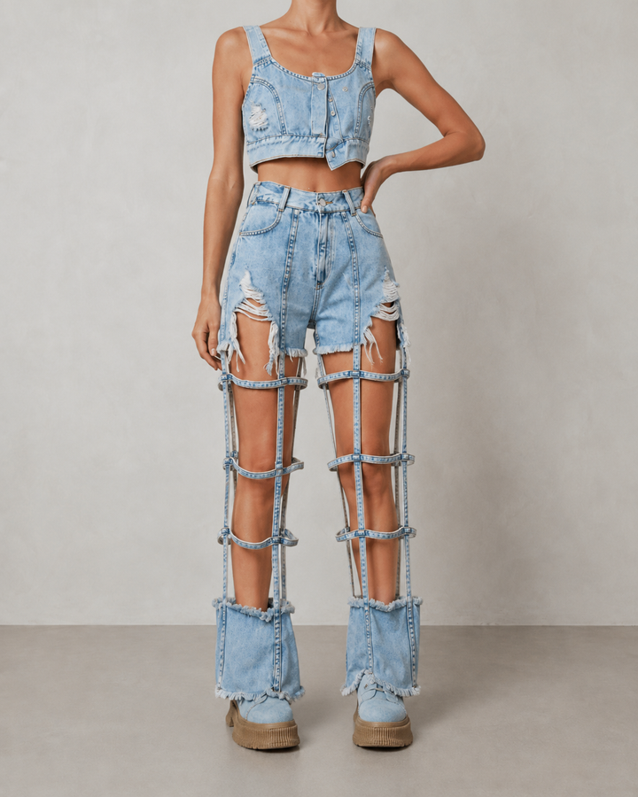 Gaia - Stylový světle modrý denimový crop top s detaily na ramínkách a setem roztrhaných šortek