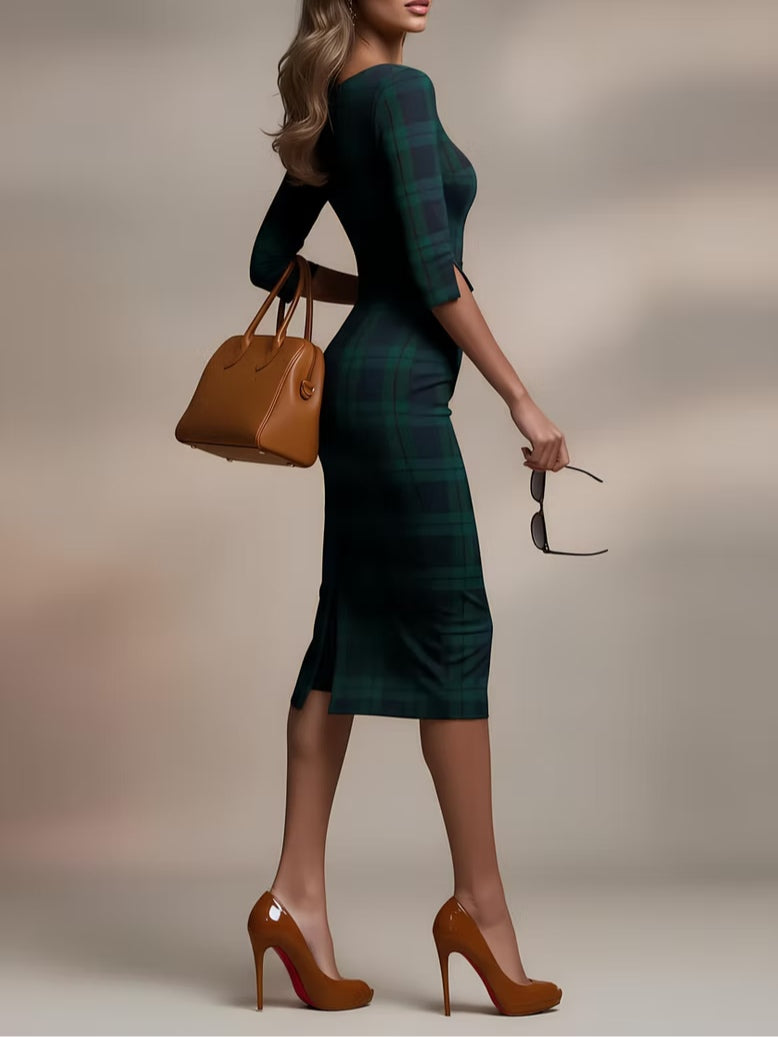 Lila™ | Plaid Three-Quarter Sleeve Midi Dress