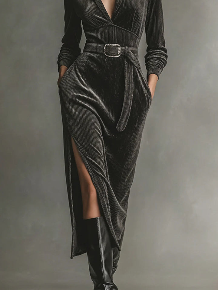Isabelle™ | Corduroy Dress With Tie Neck And Side Slits