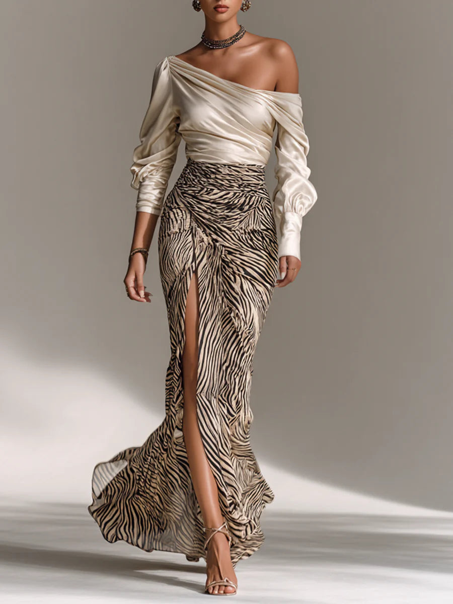 Jessica™ | Satin Off-The-Shoulder Top And Zebra-Print Slit Skirt Set