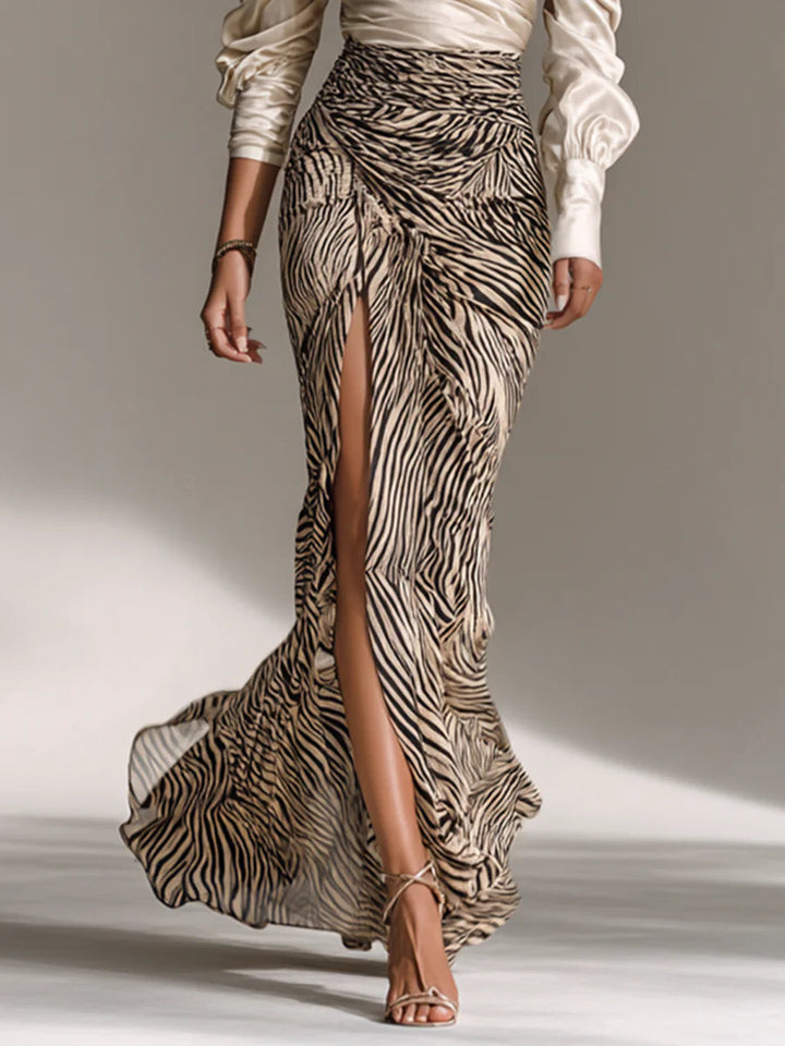 Jessica™ | Satin Off-The-Shoulder Top And Zebra-Print Slit Skirt Set
