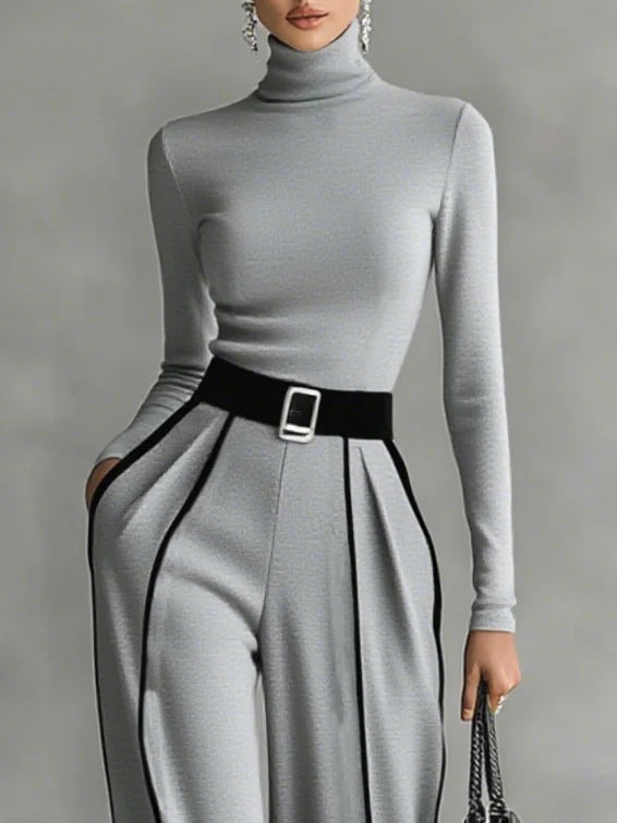 Emily™ | High Neck Long Sleeve Top And Wide Leg Pants Set