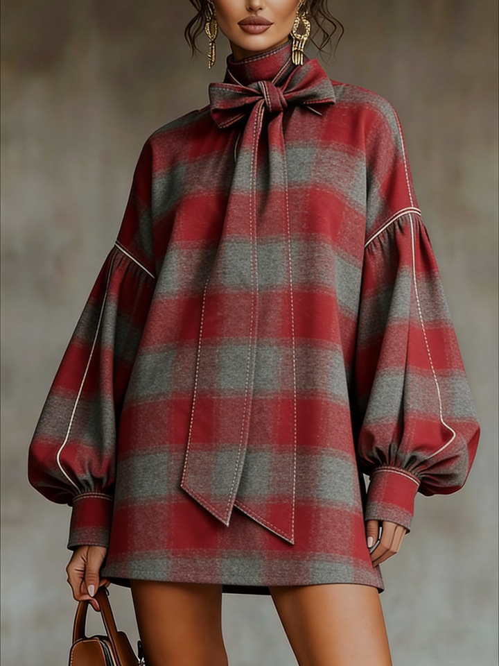 Megan™ | Plaid Bow Lantern Sleeve Mini Dress