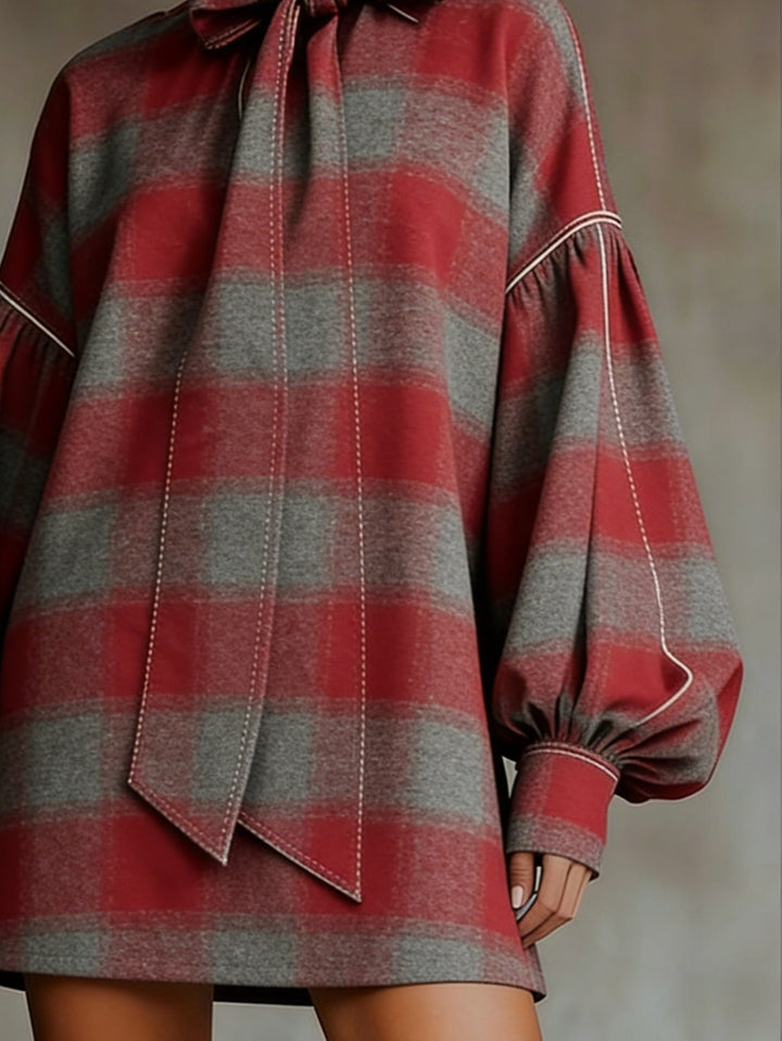 Megan™ | Plaid Bow Lantern Sleeve Mini Dress