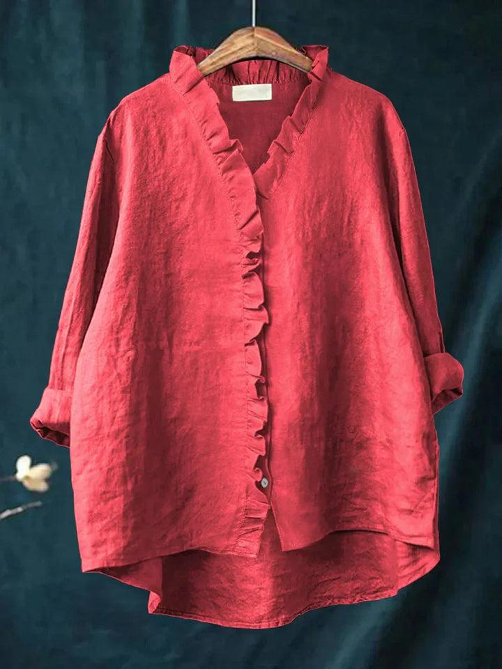 Ava™ | Casual Cotton And Linen Ruffle Shirt