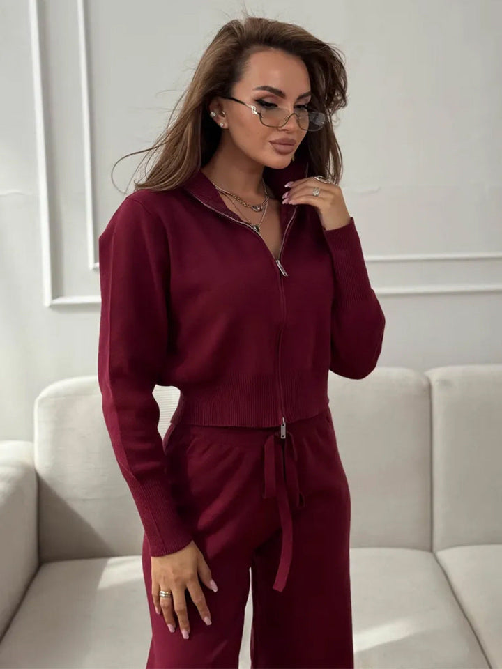 Emily™ | Drawstring Wide Leg Pants And Zip Jacket Set