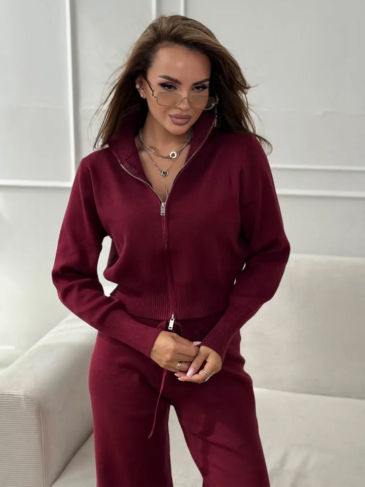 Emily™ | Drawstring Wide Leg Pants And Zip Jacket Set