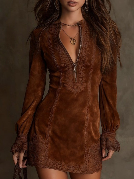 Isabelle™ | Suede Lace Trim Mini Dress
