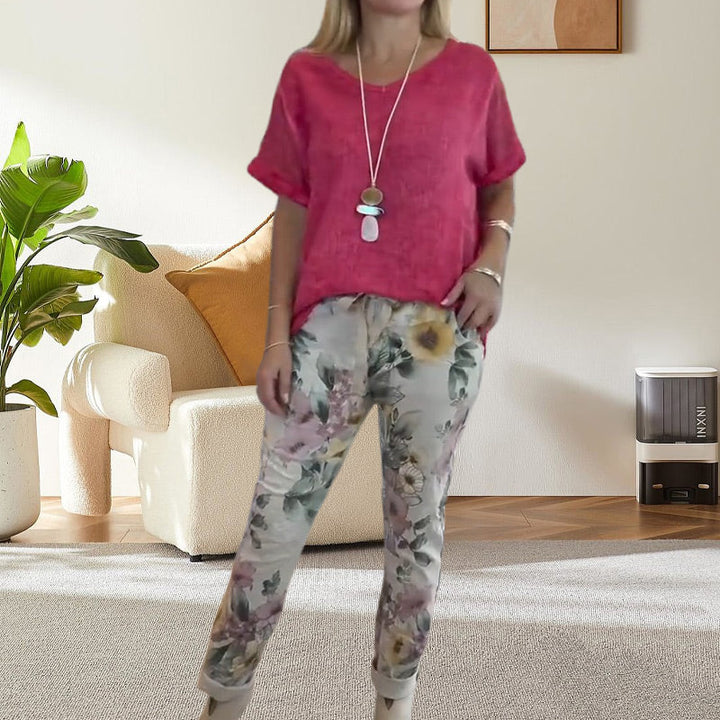 Evelyn™ | Solid Blouse And Casual Floral Print Pants