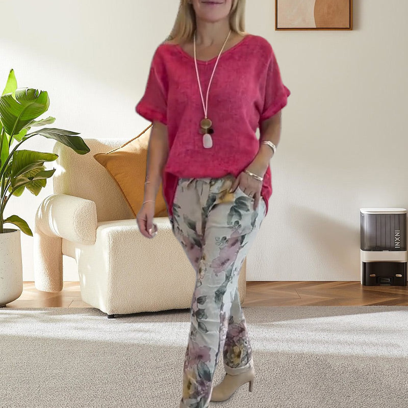 Evelyn™ | Solid Blouse And Casual Floral Print Pants