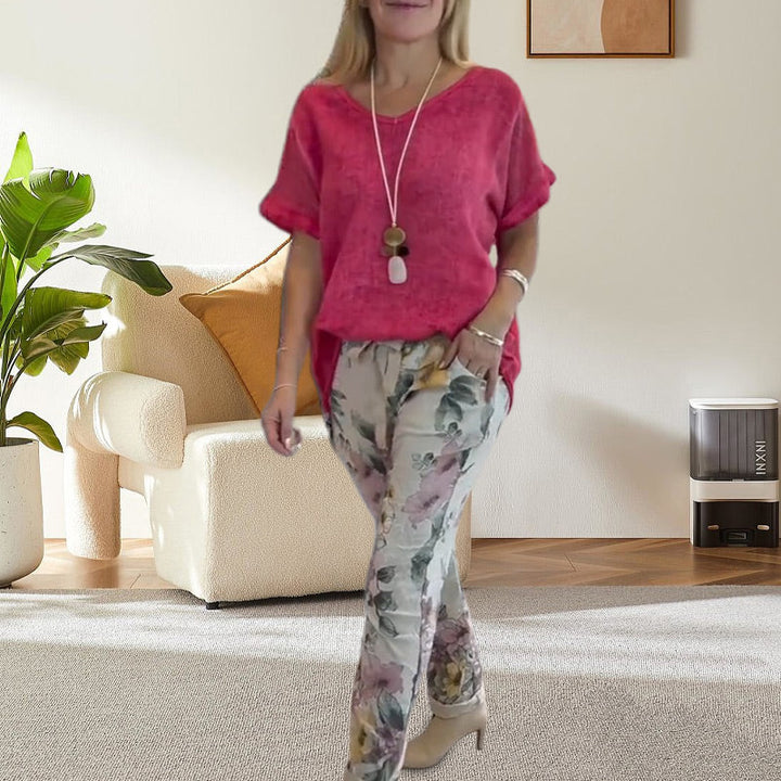 Evelyn™ | Solid Blouse And Casual Floral Print Pants